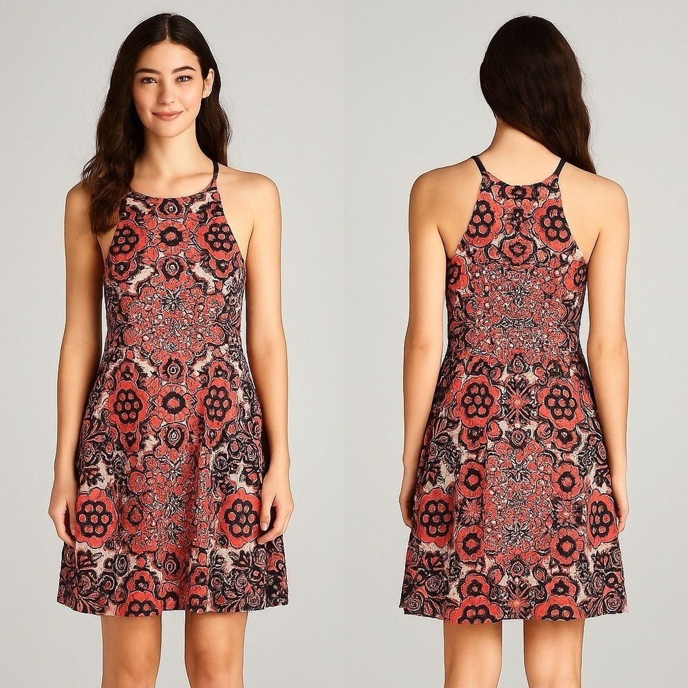 Vince Camuto Women Coral Navy Medallion Halter Fit and Flare Dress Size 4
